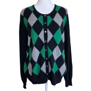 APT. 9 100% Cashmere Button Front Argyle Cardigan Black Kelly Green Grey Sz L